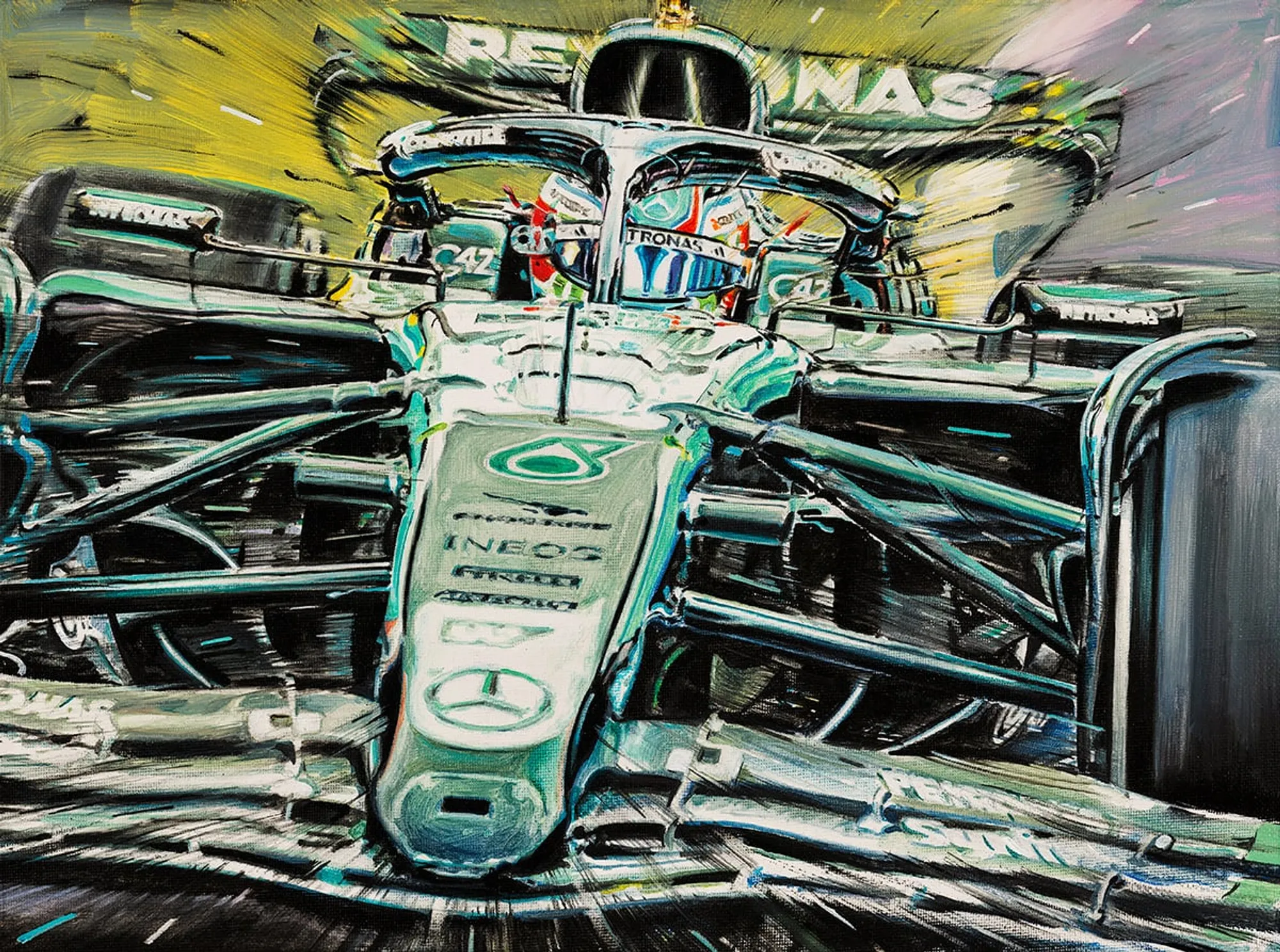 Dipinto di Andrea Del Pesco: ANDREA KIMI ANTONELLI, MERCEDES-AMG F1 W16 FORMULA 1 2025 — olio su tela