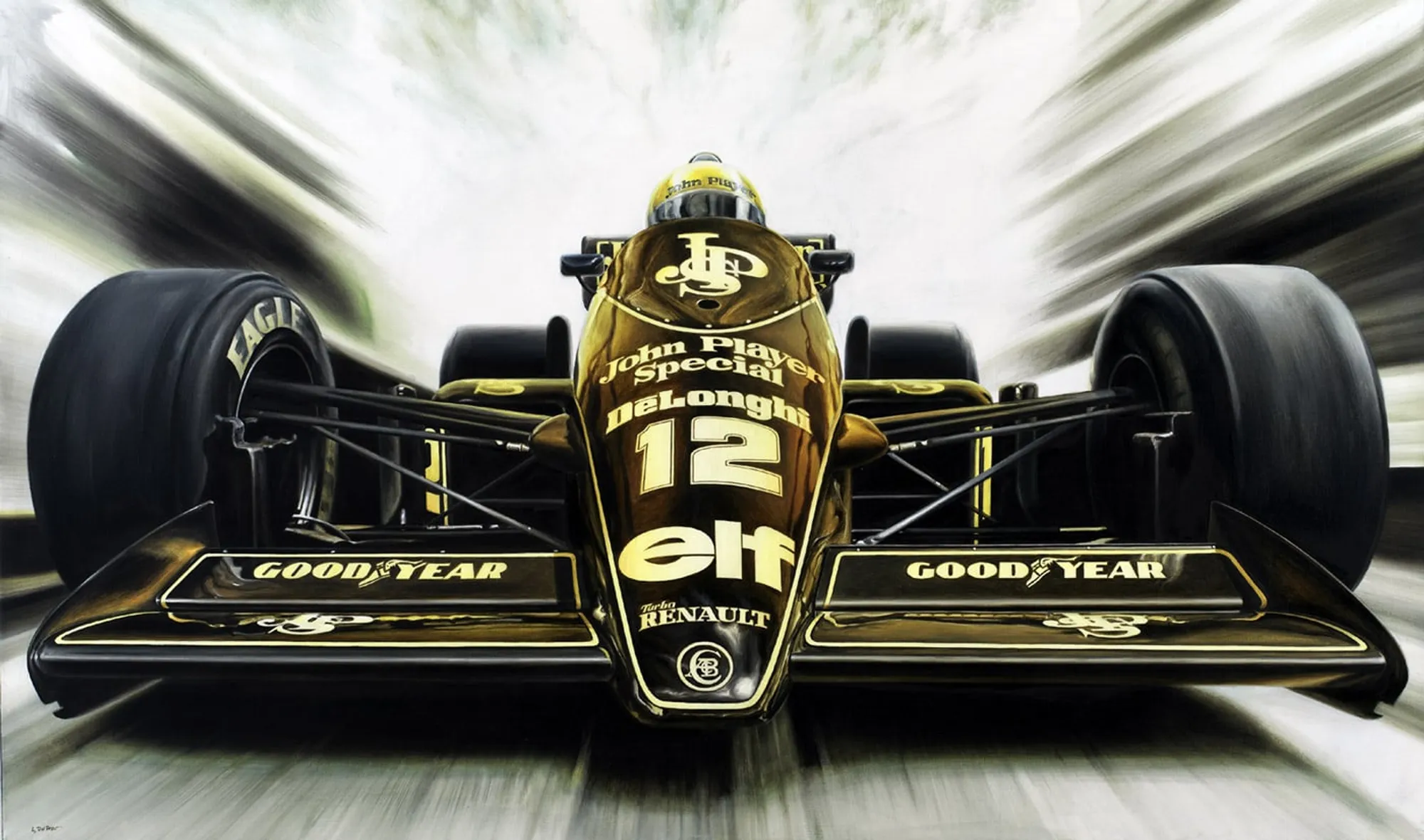 Dipinto di Andrea Del Pesco: AYRTON SENNA DA SILVA LOTUS 98T, 1986 — olio su tela