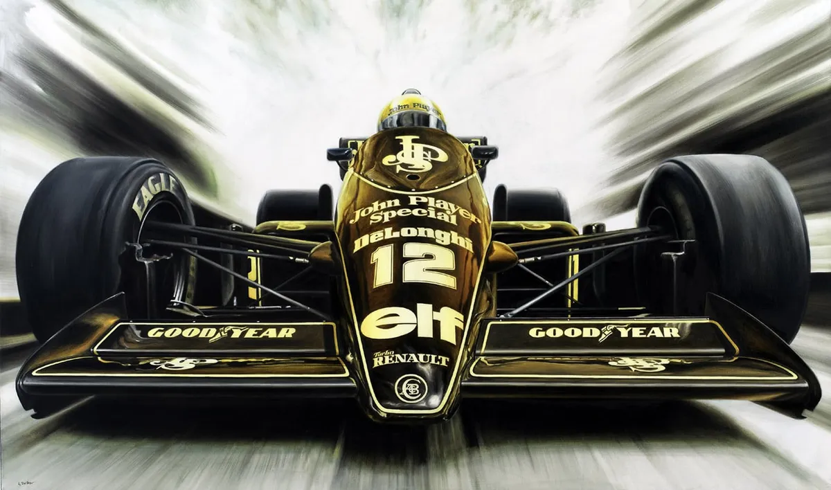 Dipinto di Andrea Del Pesco: AYRTON SENNA DA SILVA LOTUS 98T, 1986 — olio su tela