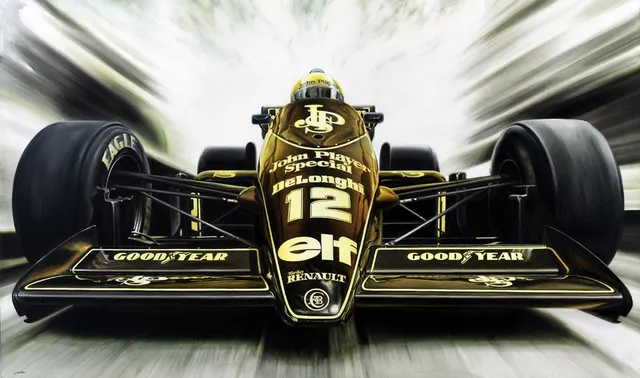 Dipinto di Andrea Del Pesco: AYRTON SENNA DA SILVA LOTUS 98T, 1986 — olio su tela