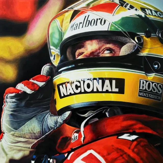 Dipinto di Andrea Del Pesco: AYRTON SENNA "HELMET & GLOVE" — olio su tela