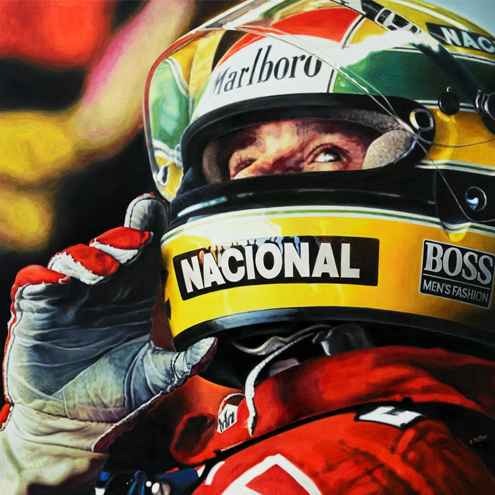 Dipinto di Andrea Del Pesco: AYRTON SENNA "HELMET & GLOVE" — olio su tela