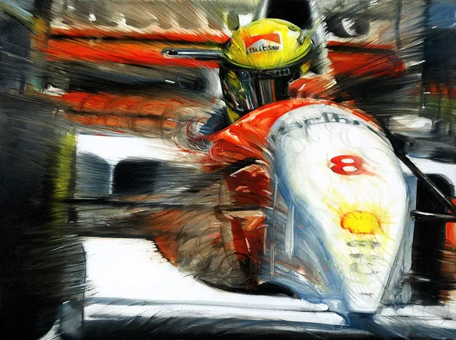 Dipinto di Andrea Del Pesco: AYRTON SENNA ON MCLAREN FORD MP4/8, MONACO G. P. 1993 — olio su tela
