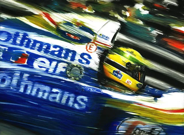 Dipinto di Andrea Del Pesco: AYRTON SENNA ON WILLIAMS FW16 IMOLA SAN MARINO G.P. 1994 — olio su tela