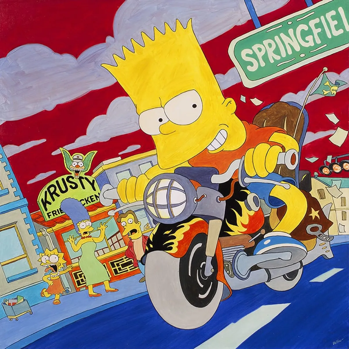 Dipinto di Andrea Del Pesco: BART SIMPSON ON HARLEY DAVIDSON — olio su tela