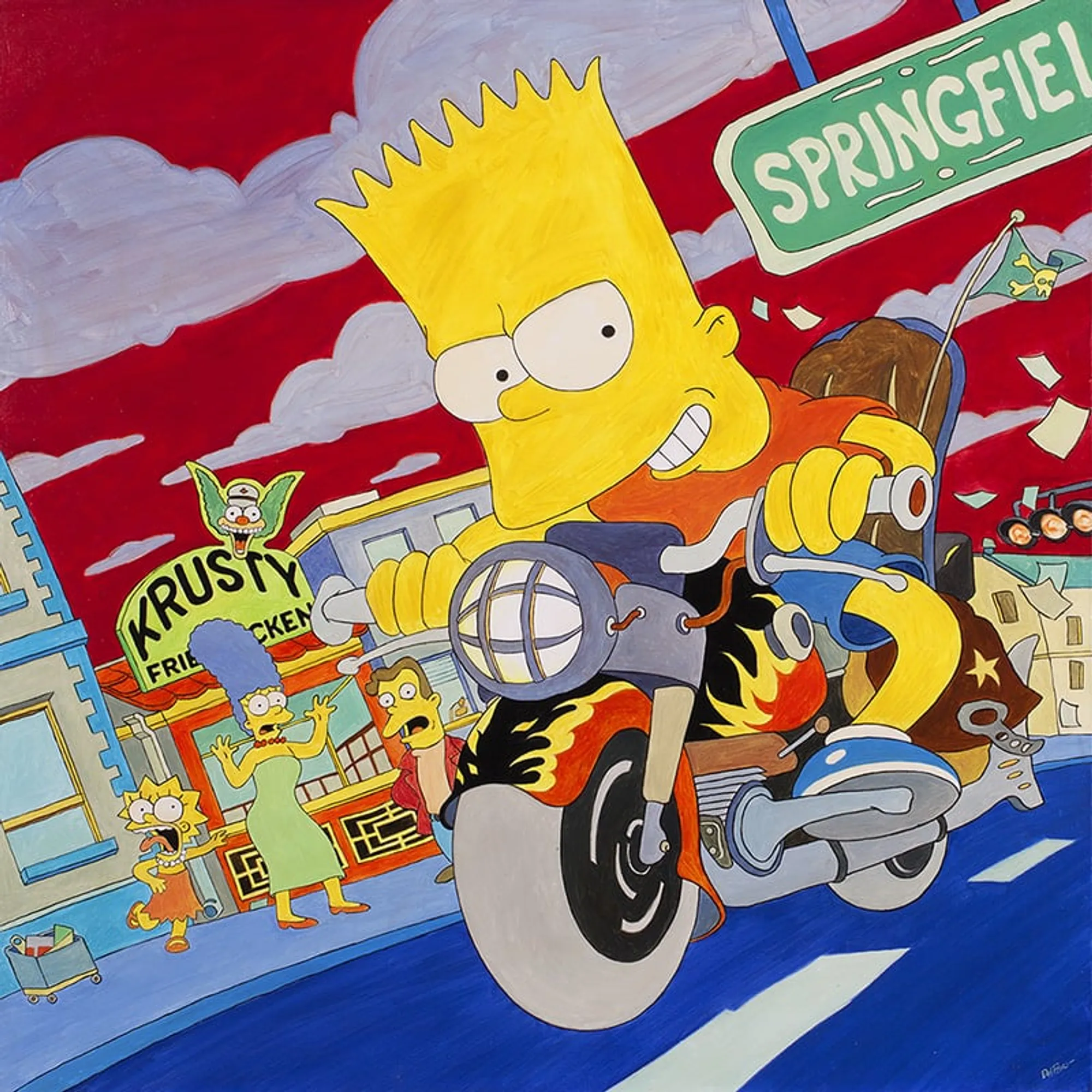 Dipinto di Andrea Del Pesco: BART SIMPSON ON HARLEY DAVIDSON — olio su tela