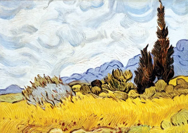 Copia d'arte dipinta da Andrea Del Pesco: Campo di grano con cipressi (originale di Vincent VAN GOGH)