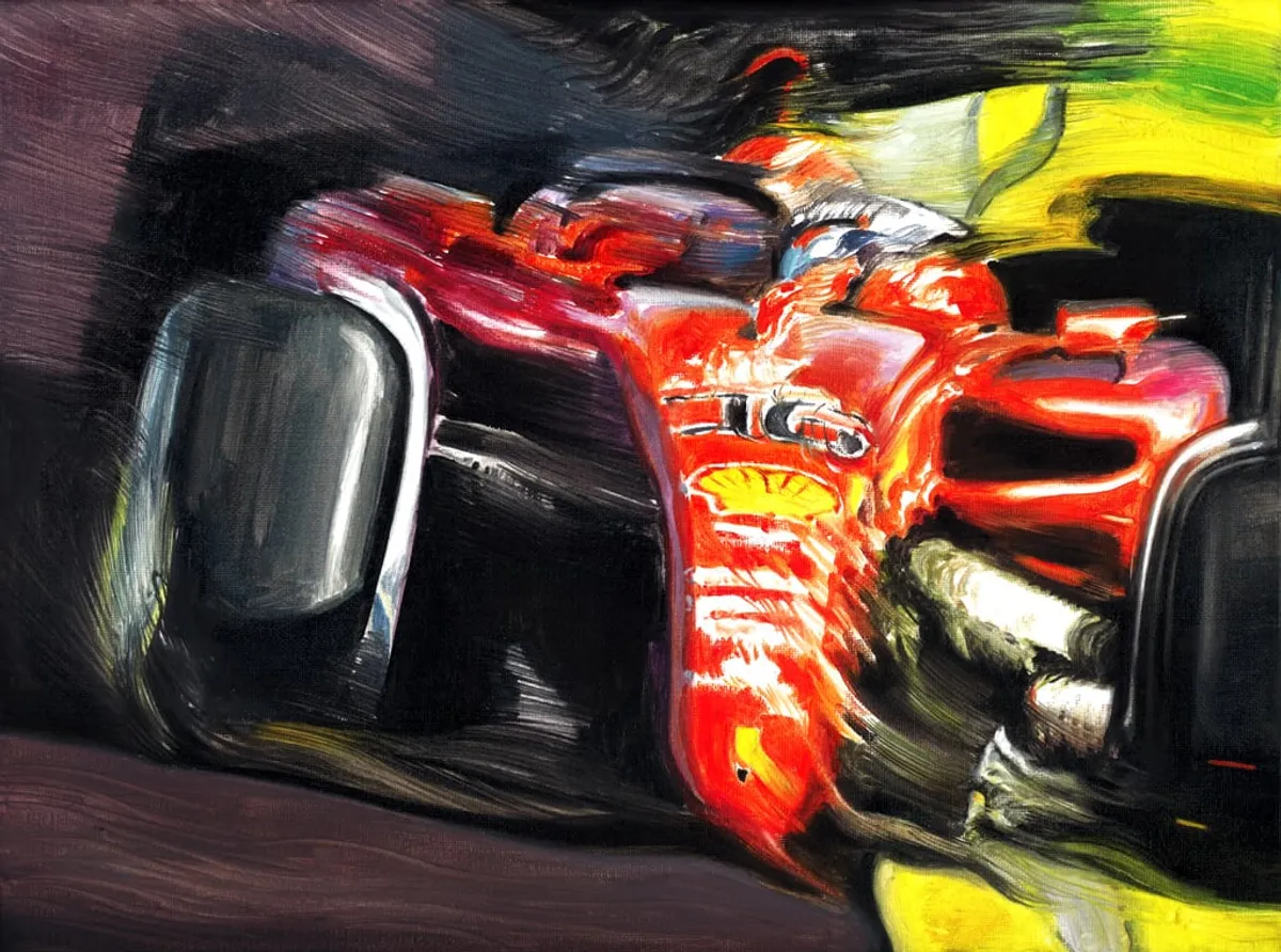 Dipinto di Andrea Del Pesco: CHARLES LECLERC ON FERRARI F1-75 — olio su tela