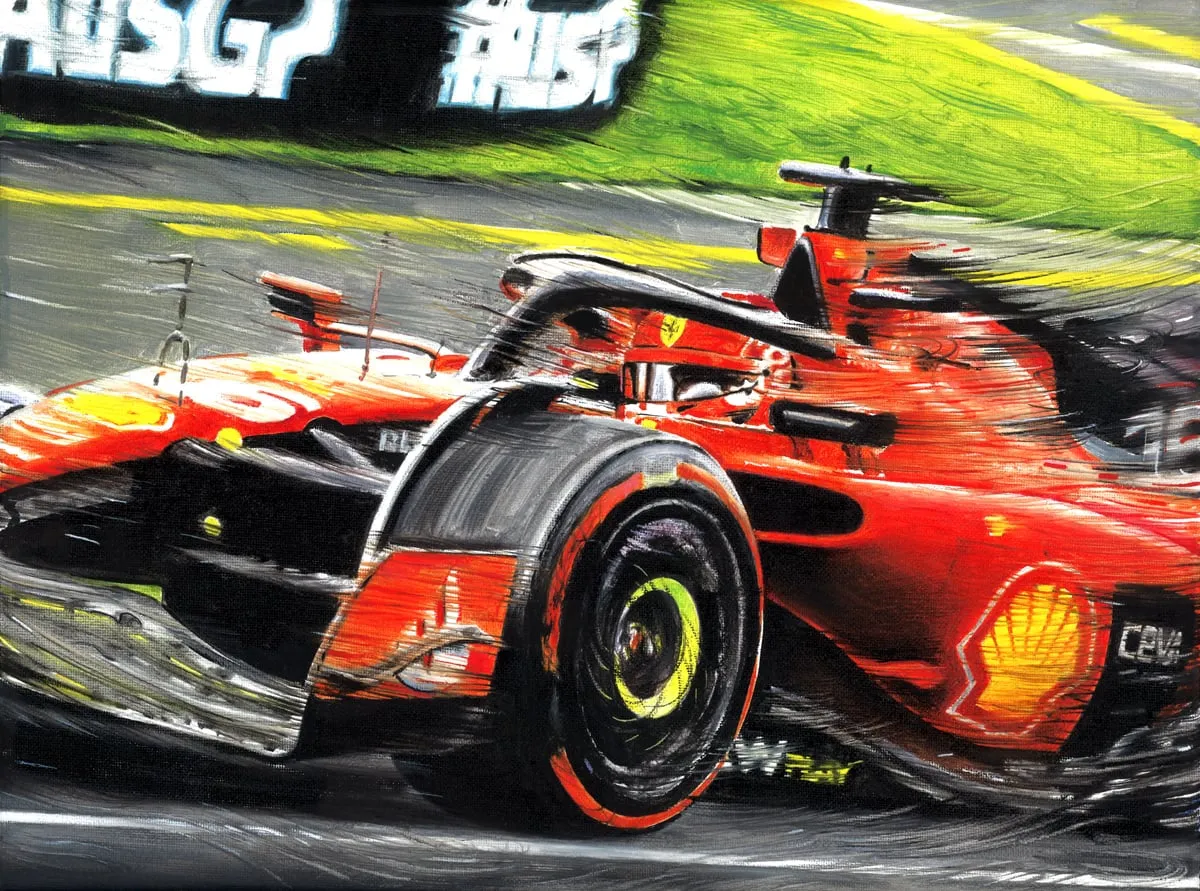 Dipinto di Andrea Del Pesco: CHARLES LECLERC ON FERRARI SF-23 — olio su tela