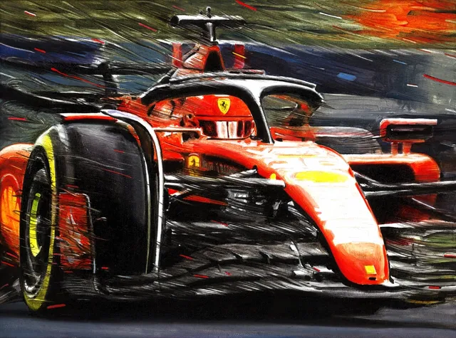 Dipinto di Andrea Del Pesco: CHARLES LECLERC ON FERRARI SF-23 — olio su tela