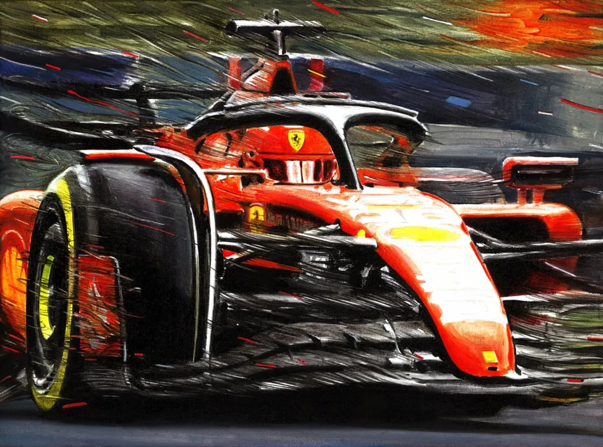 Dipinto di Andrea Del Pesco: CHARLES LECLERC ON FERRARI SF-23 — olio su tela