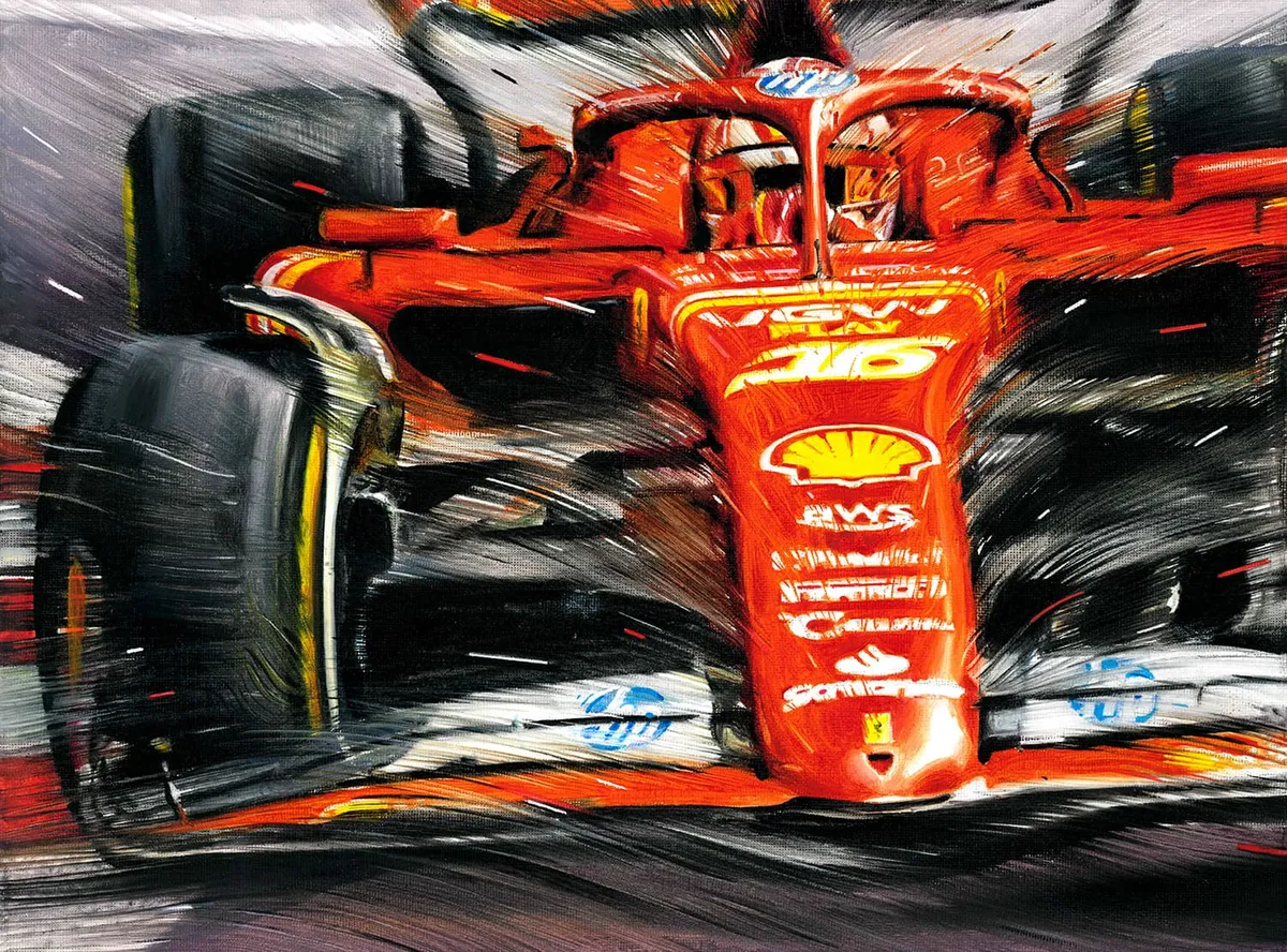 Dipinto di Andrea Del Pesco: CHARLES LECLERC ON FERRARI SF-24 — olio su tela