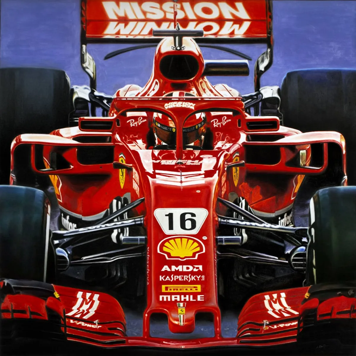 Dipinto di Andrea Del Pesco: CHARLES LECLERC ON FERRARI SF71H, F1 ABU DHABI TEST 2018 — olio su tela
