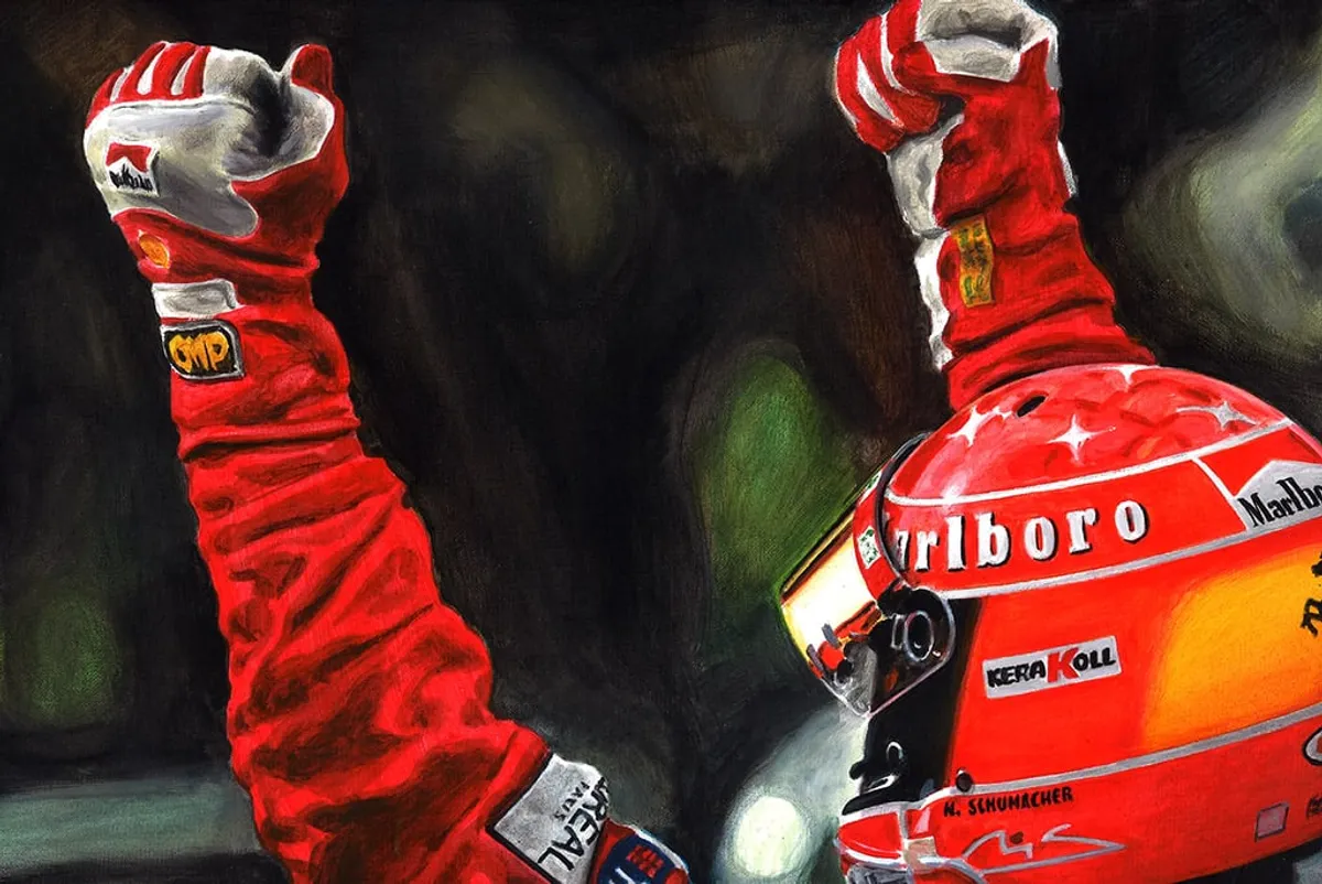 Dipinto di Andrea Del Pesco: "DAYS OF GLORY" MICHAEL SCHUMACHER FERRARI F.1 — Tempera acrilica su tela