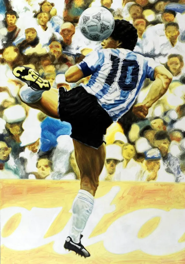 Dipinto di Andrea Del Pesco: DIEGO MARADONA WORLD CUP MEXICO 1986 — olio su tela