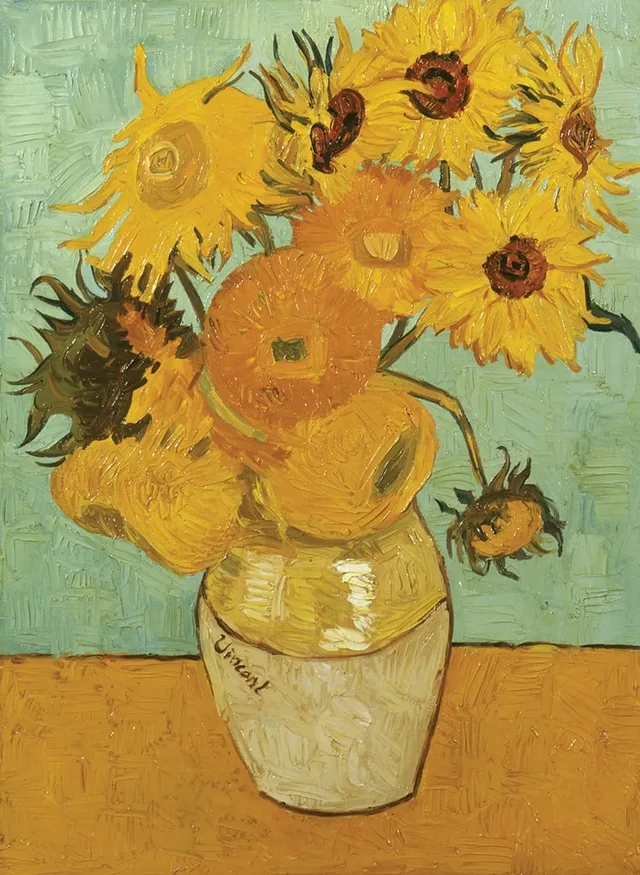 Copia d'arte dipinta da Andrea Del Pesco: Dodici girasoli in un vaso (originale di Vincent VAN GOGH)
