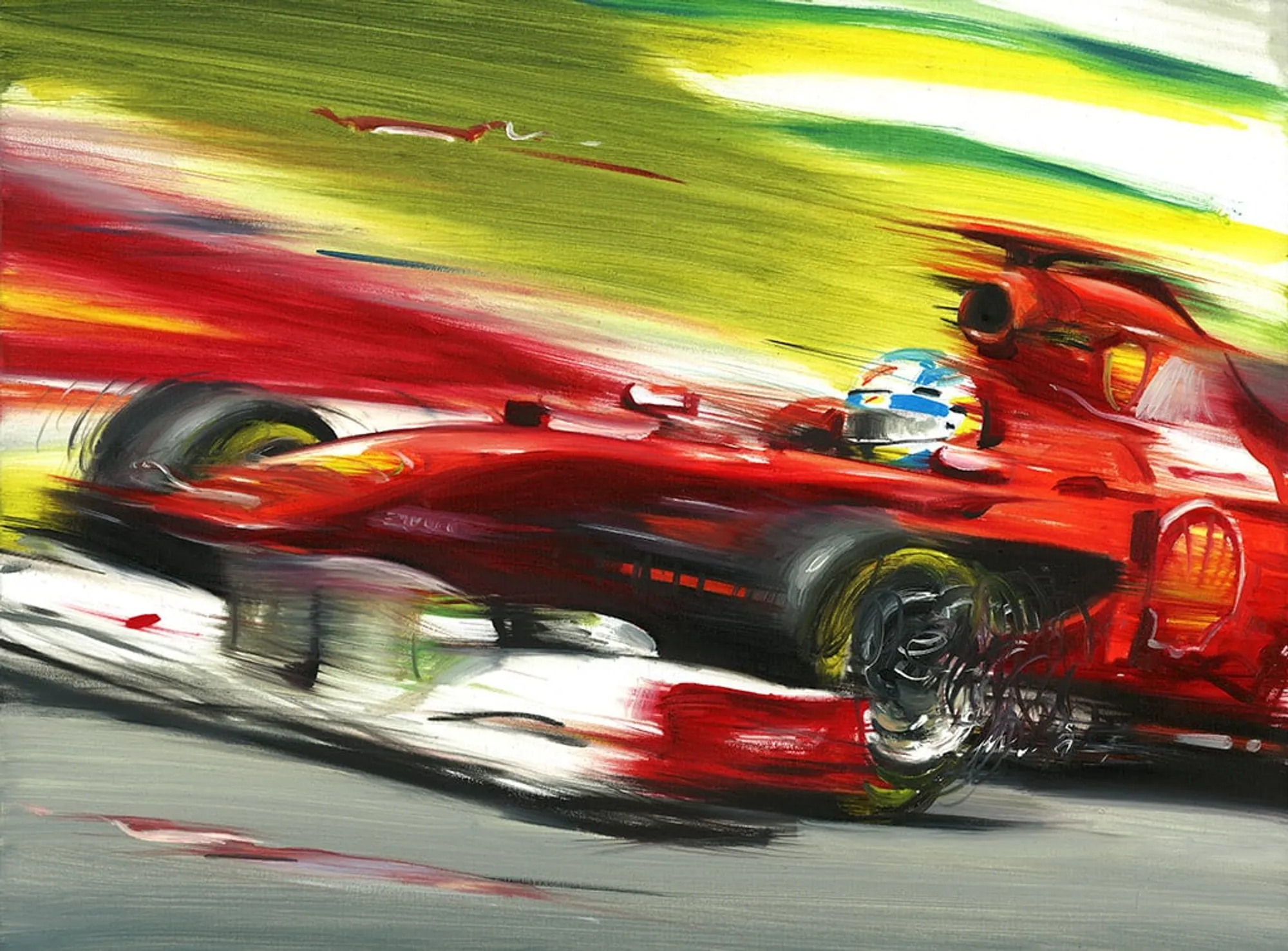 Dipinto di Andrea Del Pesco: FERNANDO ALONSO ON FERRARI 150&deg; ITALIA — olio su tela