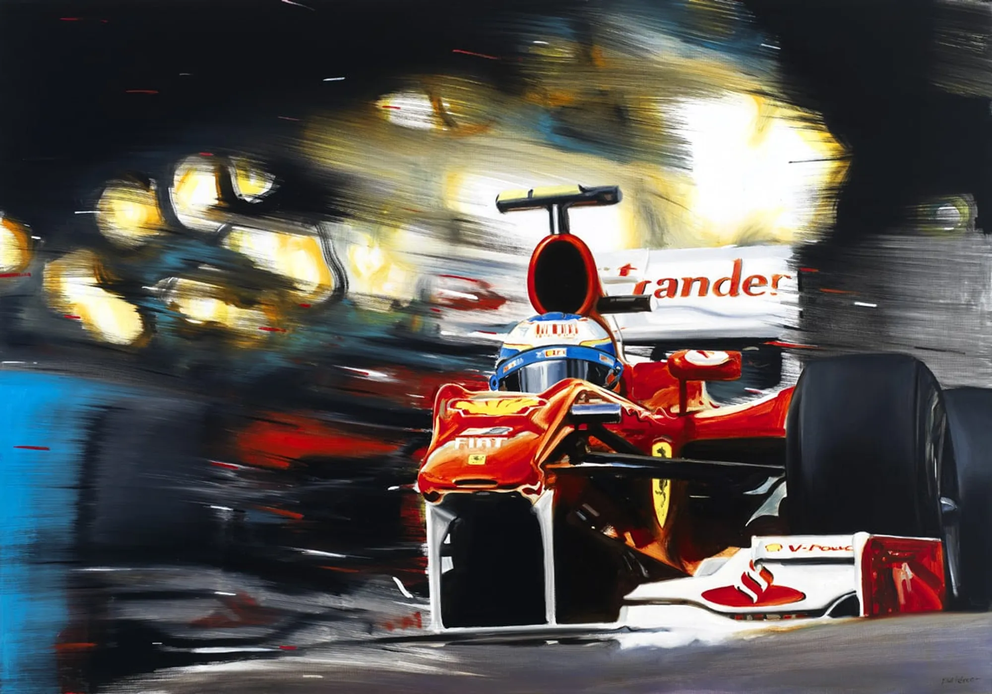 Dipinto di Andrea Del Pesco: FERNANDO ALONSO ON FERRARI F10 — olio su tela