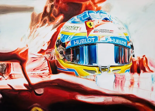 Dipinto di Andrea Del Pesco: FERNANDO ALONSO ON FERRARI F14 T — olio su tela