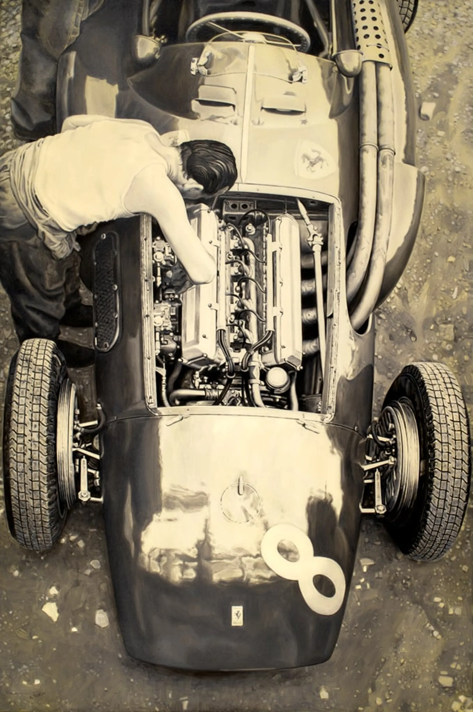 Dipinto di Andrea Del Pesco: FERRARI 553 "SQUALO", F.1 1954 — olio su tela