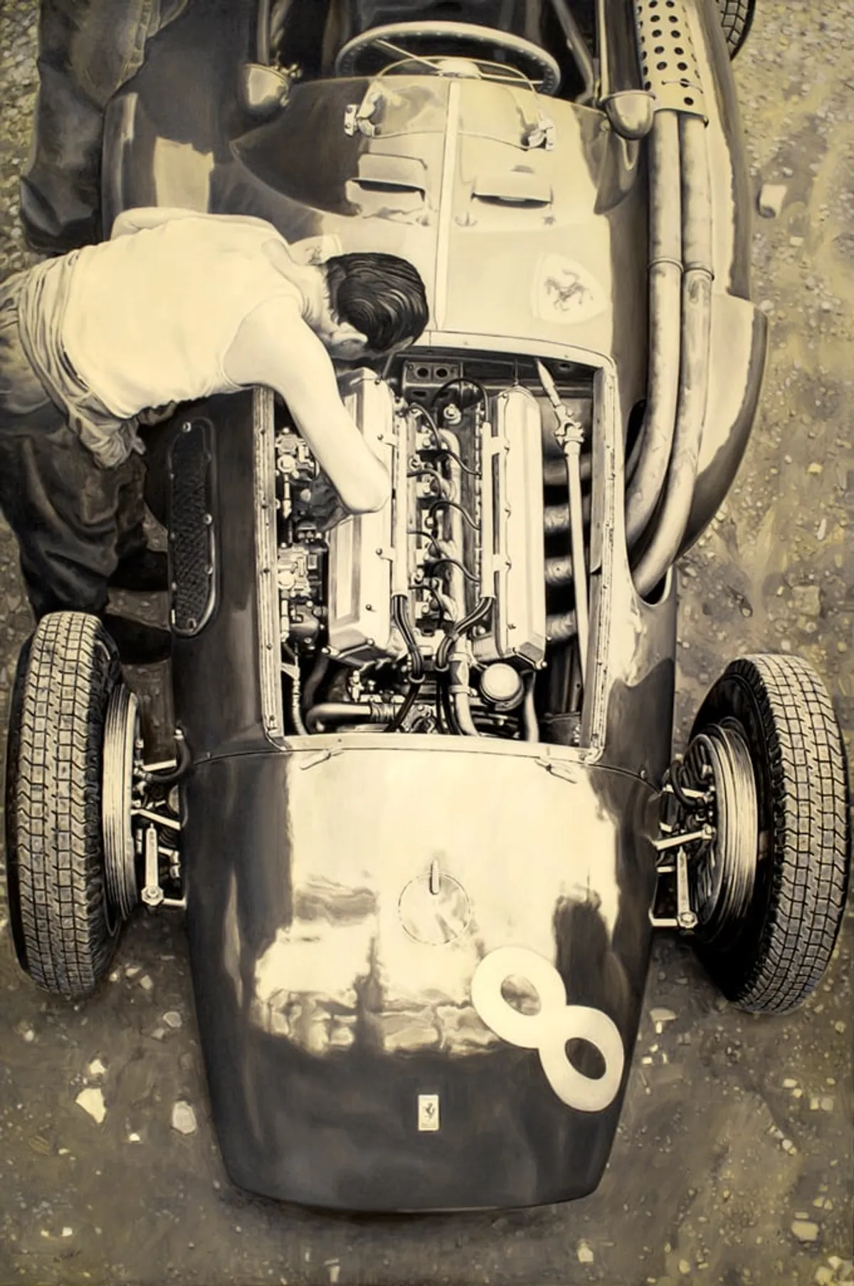Dipinto di Andrea Del Pesco: FERRARI 553 "SQUALO", F.1 1954 — olio su tela