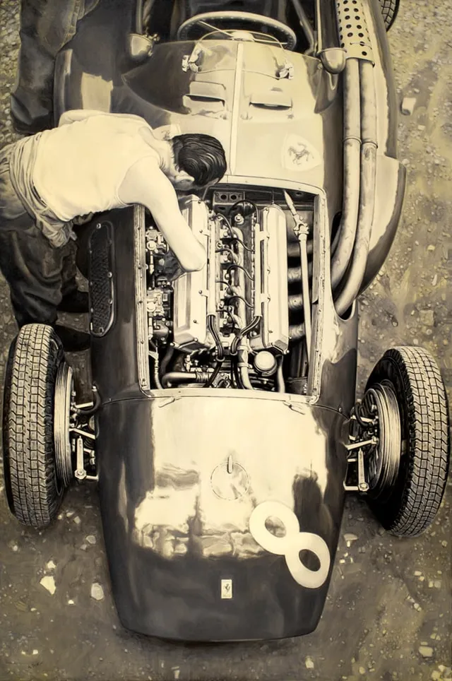 Dipinto di Andrea Del Pesco: FERRARI 553 "SQUALO", F.1 1954 — olio su tela