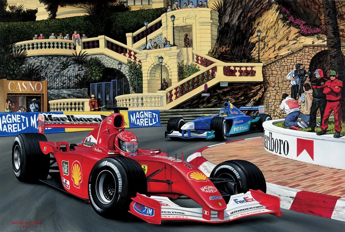 Dipinto di Andrea Del Pesco: FERRARI F-2001, MONACO G.P. — Acrilico su tavola
