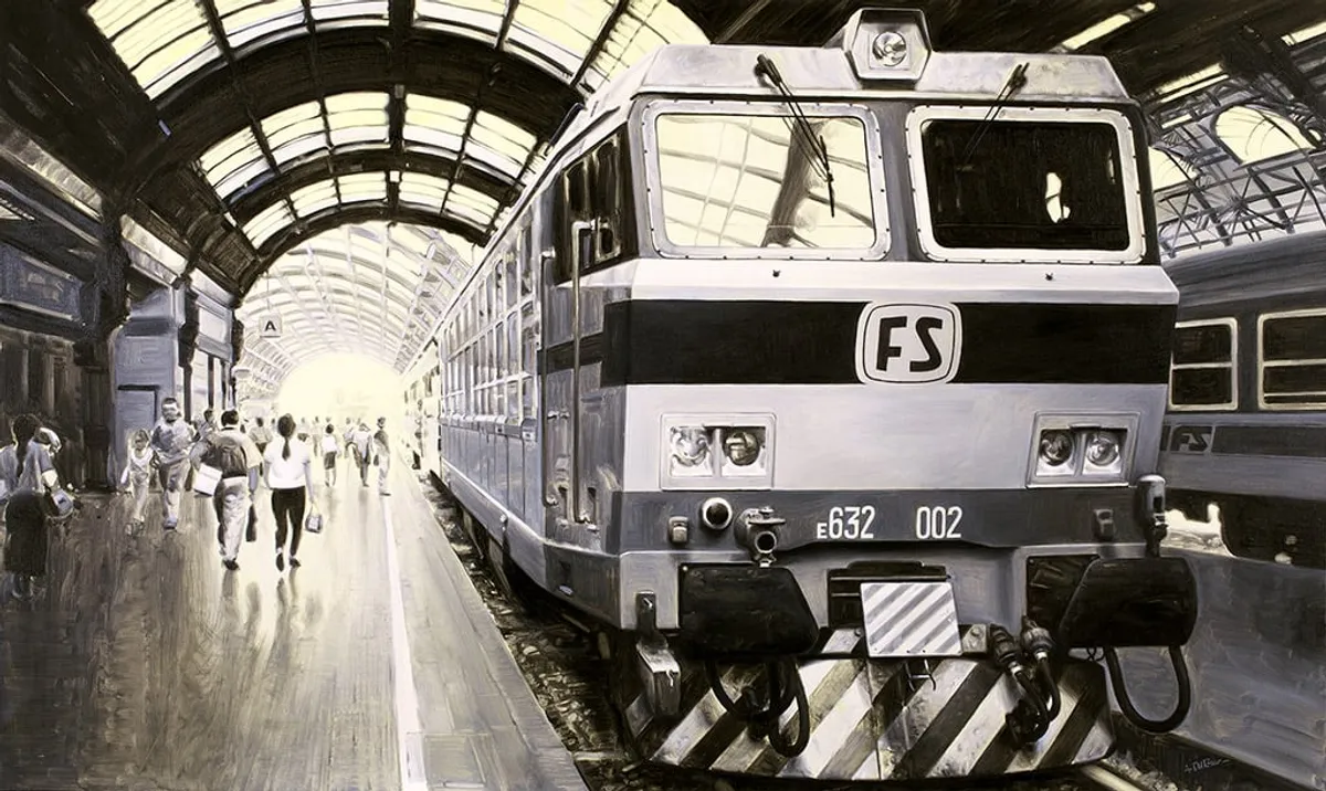 Dipinto di Andrea Del Pesco: FERROVIE DELLO STATO - MILANO STAZIONE CENTRALE — olio su tela