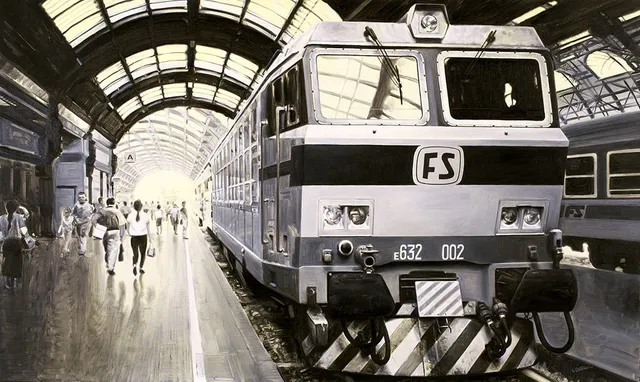 Dipinto di Andrea Del Pesco: FERROVIE DELLO STATO - MILANO STAZIONE CENTRALE — olio su tela