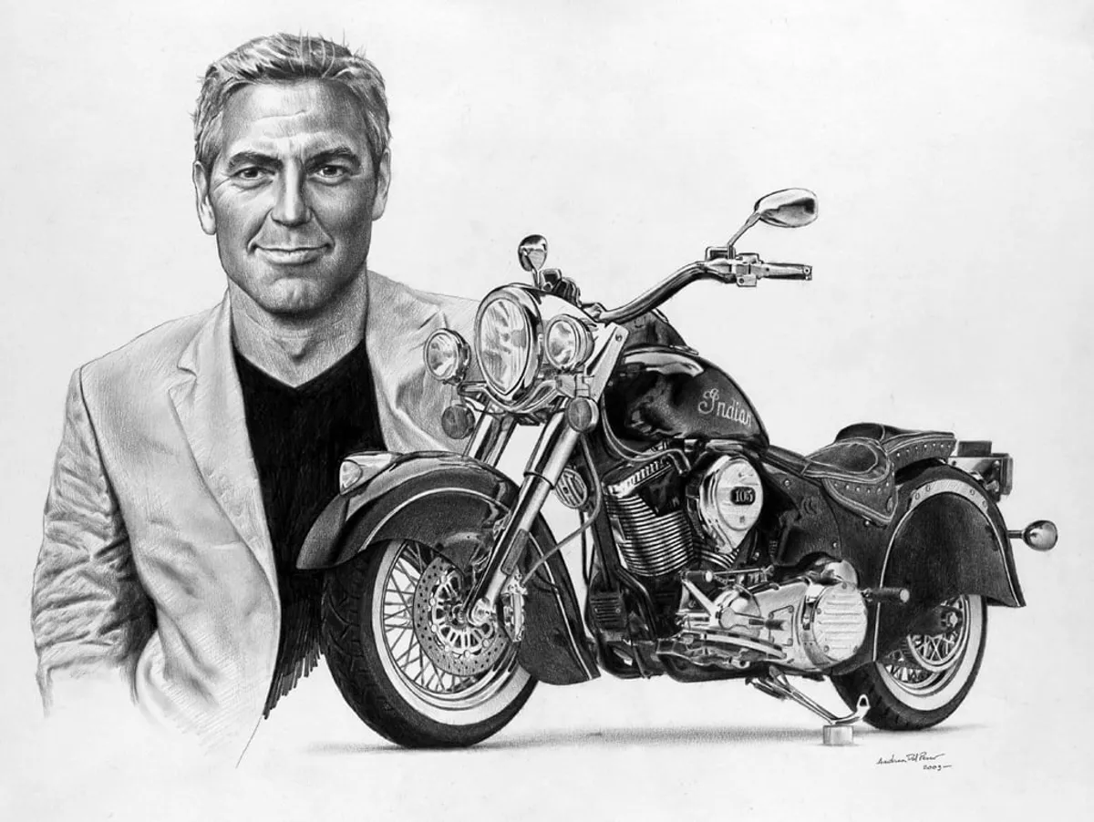 Dipinto di Andrea Del Pesco: GEORGE CLOONEY AND INDIAN MOTORBIKE — matita su carta