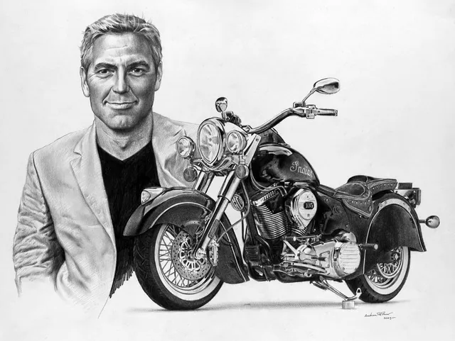 Dipinto di Andrea Del Pesco: GEORGE CLOONEY AND INDIAN MOTORBIKE — matita su carta