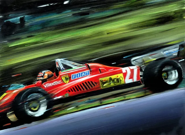 Dipinto di Andrea Del Pesco: GILLES VILLENEUVE, FERRARI 126 C2, 1982 — olio su tela