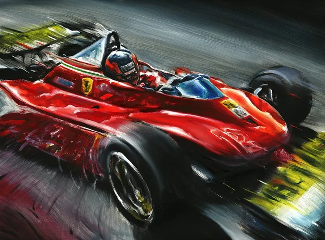 Dipinto di Andrea Del Pesco: GILLES VILLENEUVE ON FERRARI 312 T4, 1979 — olio su tela