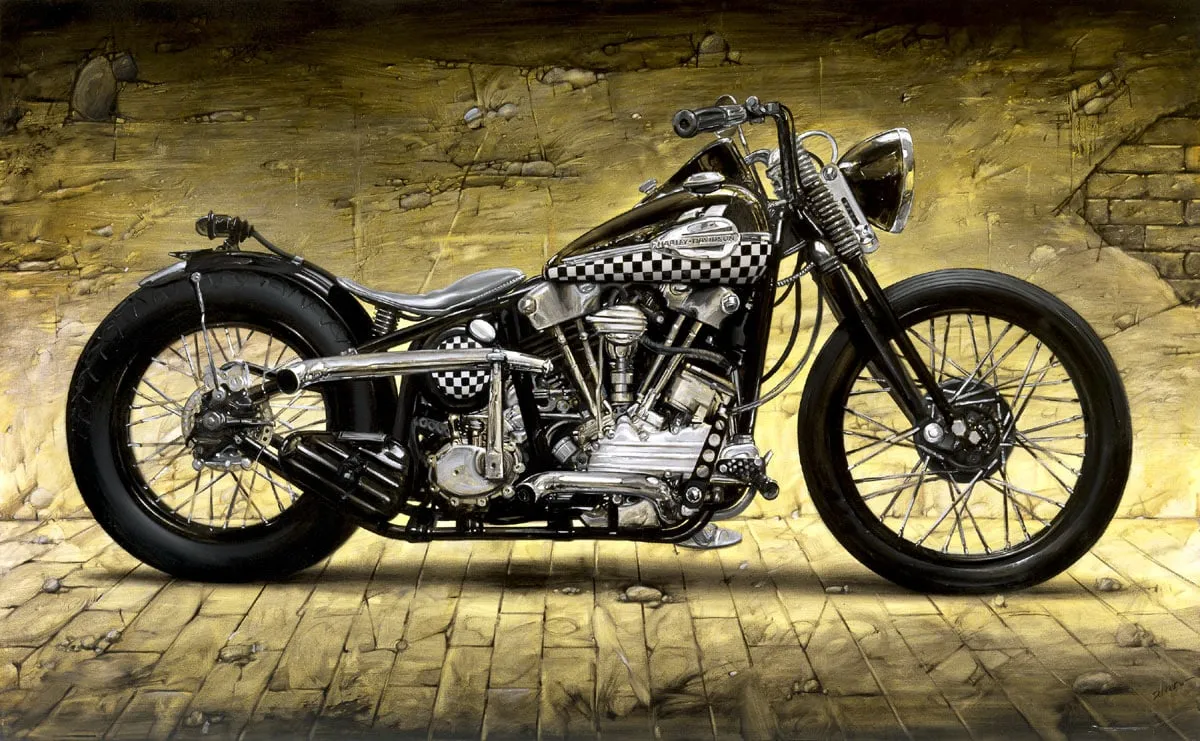 Dipinto di Andrea Del Pesco: HARLEY DAVIDSON KNUCKLEHEAD 1946 — olio su tela