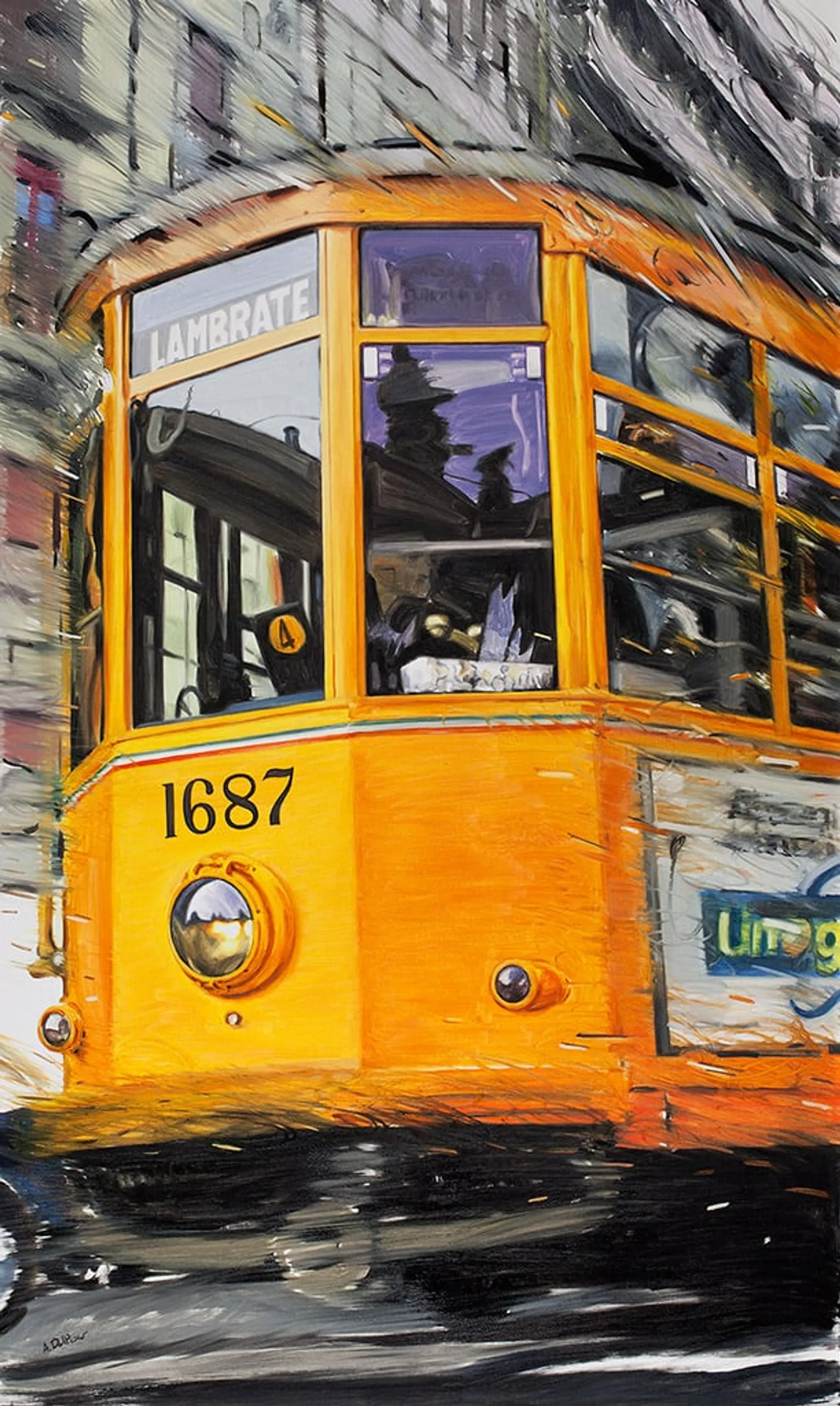 Dipinto di Andrea Del Pesco: IL 23 CHE VA A LAMBRATE (MILANO LAMBRATE, TRAM) — olio su tela