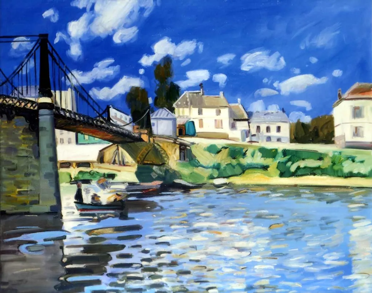 Copia d'arte dipinta da Andrea Del Pesco: Il ponte a Villeneuve-la-Garenne (originale di Alfred SISLEY)