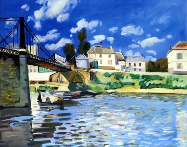 Copia d'arte dipinta da Andrea Del Pesco: Il ponte a Villeneuve-la-Garenne (originale di Alfred SISLEY)