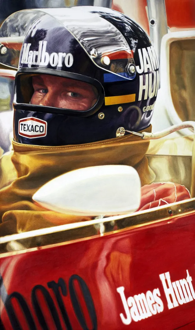 Dipinto di Andrea Del Pesco: JAMES HUNT McLAREN M23, 1976 — olio su tela