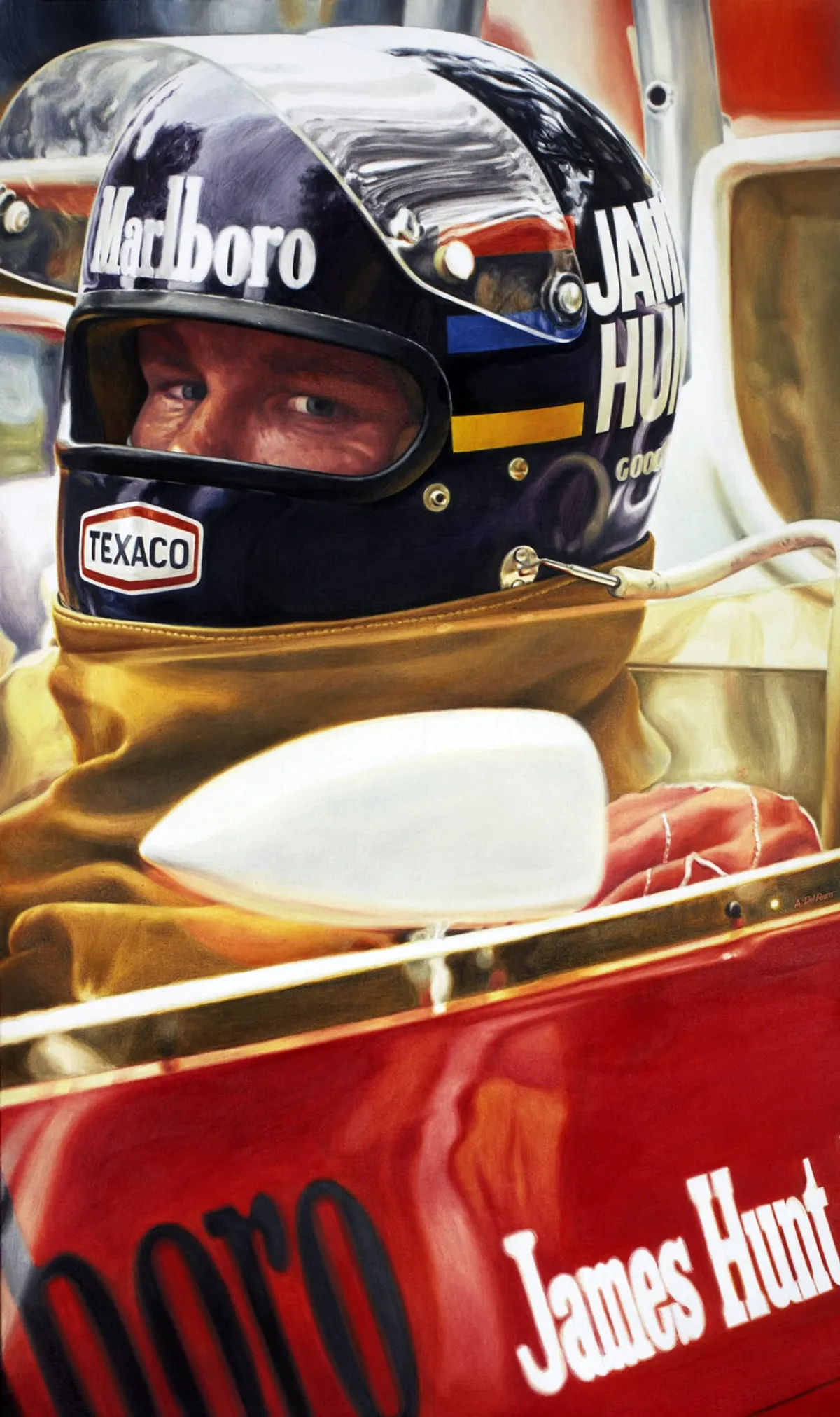 Dipinto di Andrea Del Pesco: JAMES HUNT McLAREN M23, 1976 — olio su tela