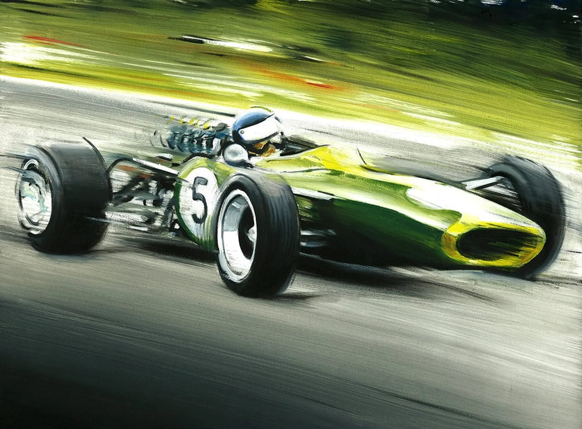 Dipinto di Andrea Del Pesco: JIM CLARK ON LOTUS 49, 1968 — olio su tela