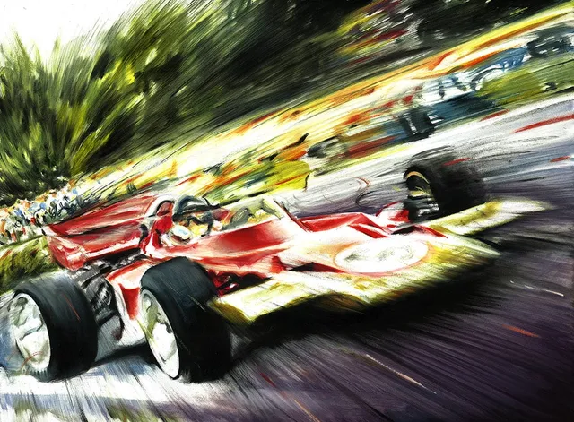 Dipinto di Andrea Del Pesco: JOCHEN RINDT LOTUS 72 COSWORTH DFV GOLD LEAF 1970 — olio su tela