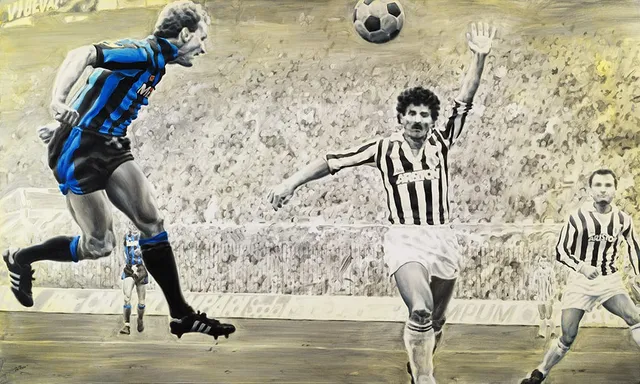 Dipinto di Andrea Del Pesco: KARL-HEINZ RUMMENIGGE INTER-JUVENTUS 1984 — olio su tela
