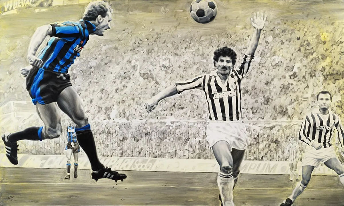 Dipinto di Andrea Del Pesco: KARL-HEINZ RUMMENIGGE INTER-JUVENTUS 1984 — olio su tela