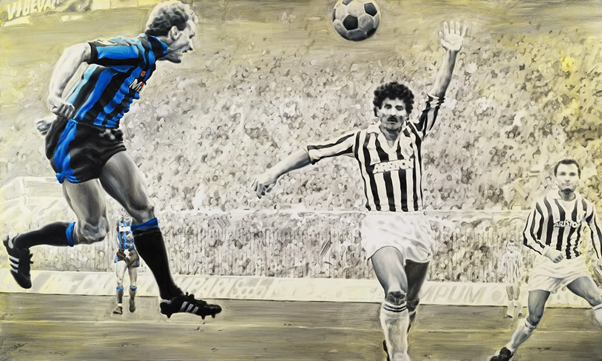 Dipinto di Andrea Del Pesco: KARL-HEINZ RUMMENIGGE INTER-JUVENTUS 1984 — olio su tela