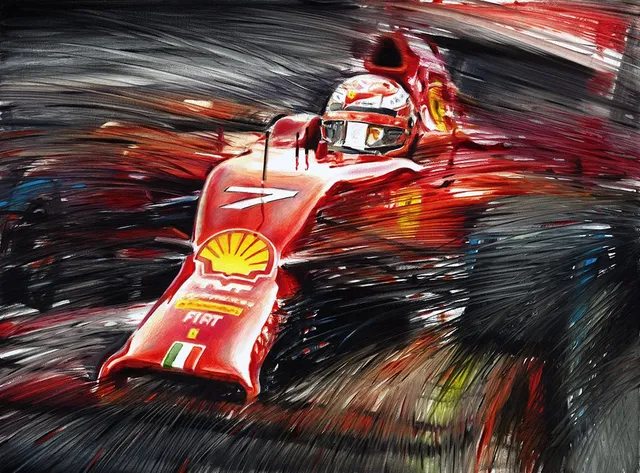 Dipinto di Andrea Del Pesco: KIMI RÄIKKÖNEN, FERRARI F14 T FORMULA 1 2014 — olio su tela