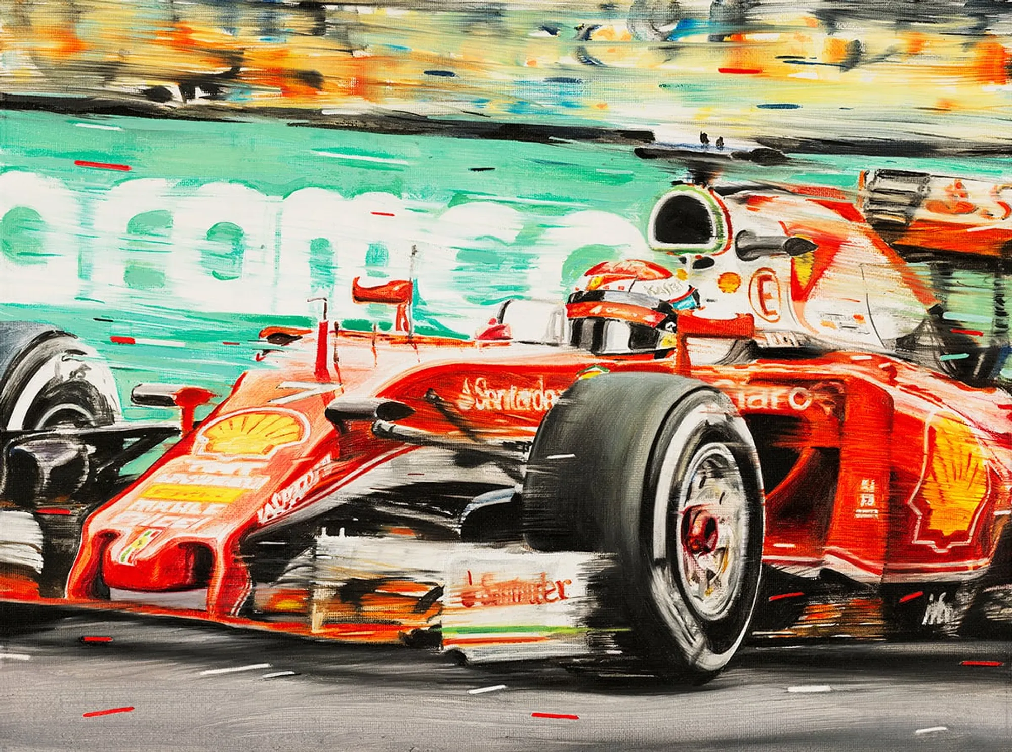 Dipinto di Andrea Del Pesco: KIMI RÄIKKÖNEN, FERRARI SF16-H FORMULA 1 2016 — olio su tela
