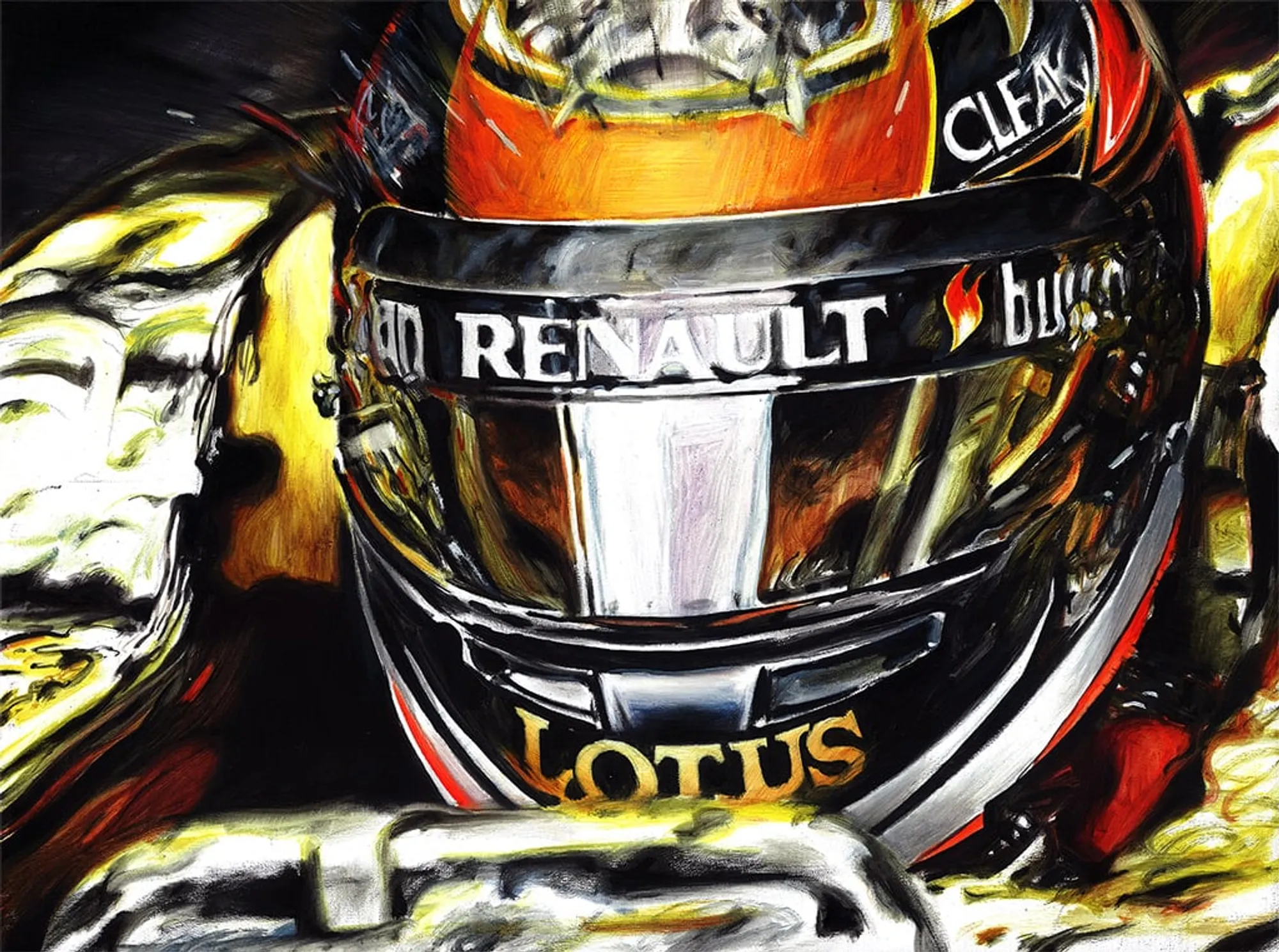 Dipinto di Andrea Del Pesco: KIMI RÄIKKÖNEN, LOTUS E21 BOX COCKPIT - F1 2013 — olio su tela
