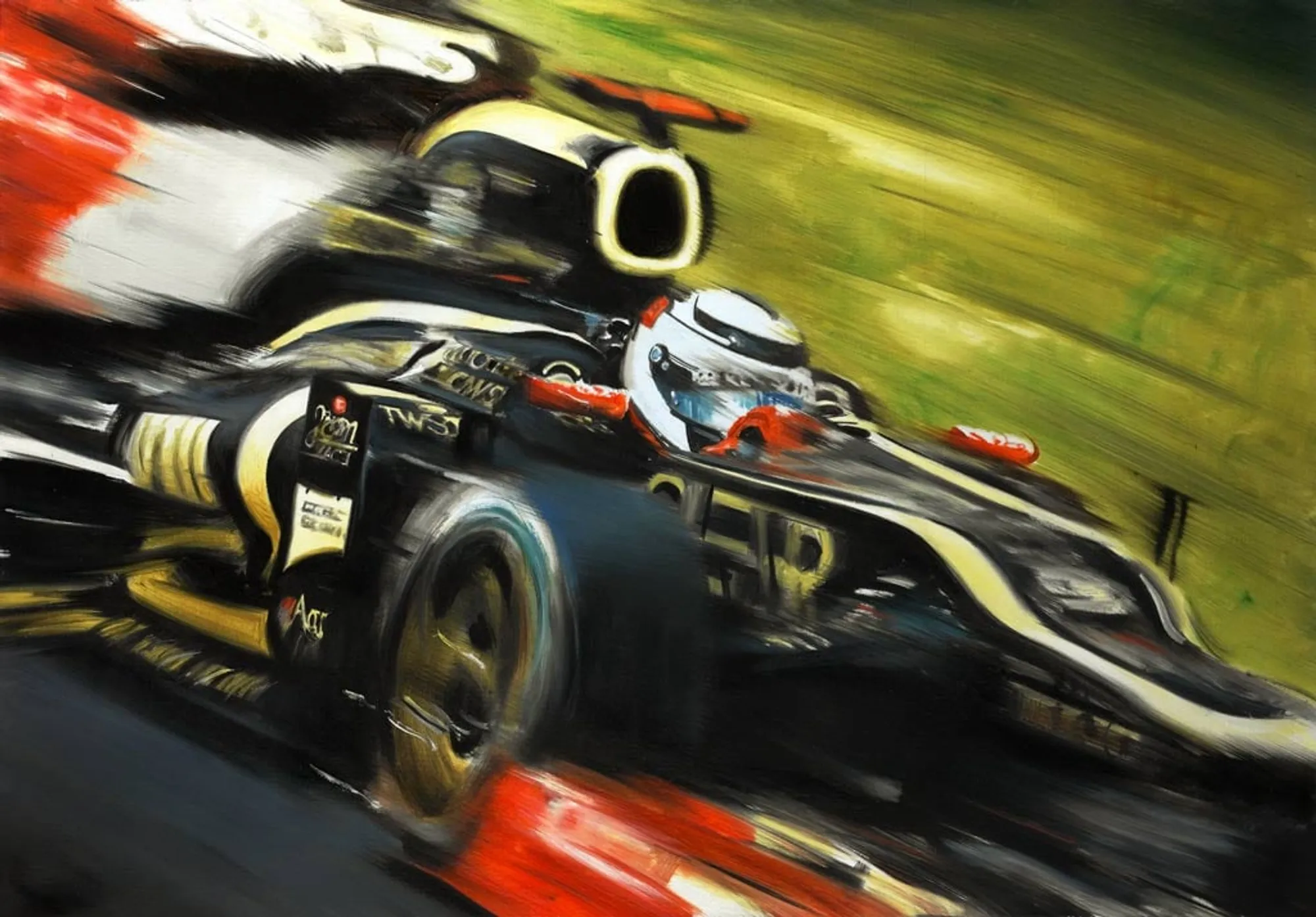 Dipinto di Andrea Del Pesco: KIMI RÄIKKÖNEN ON LOTUS E20 — olio su tela