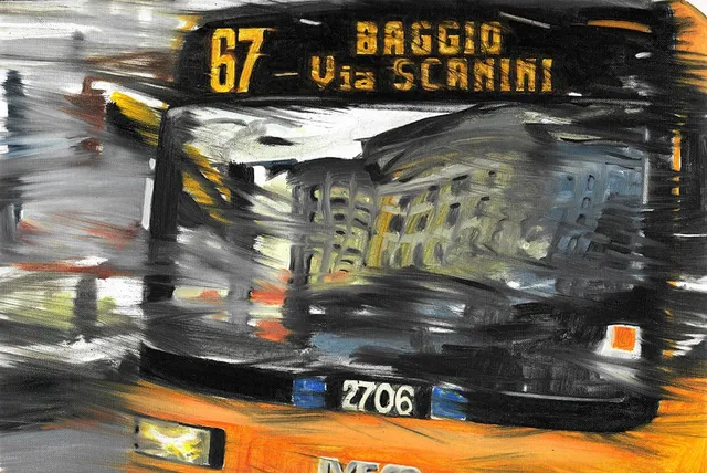 Dipinto di Andrea Del Pesco: LA 67 VERSO BAGGIO (MILANO, VIA SCANINI) — olio su tela