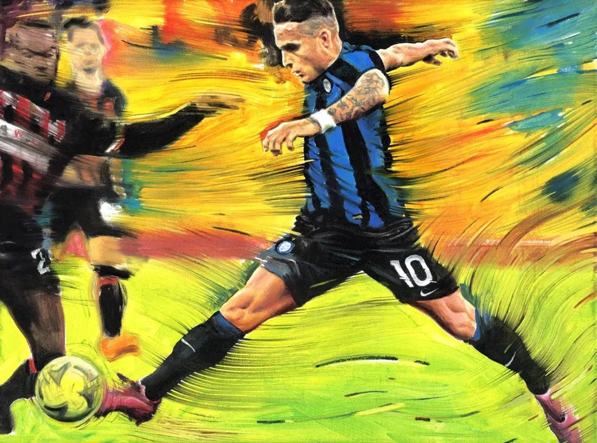 Dipinto di Andrea Del Pesco: LAUTARO MARTINEZ, INTER F.C. — olio su tela